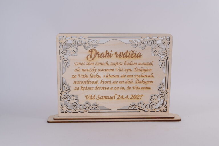 Drevené poďakovanie rodičom s gravírovaným venovaním